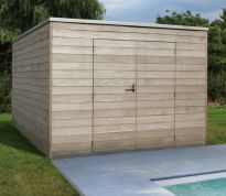 Box in iroko 350 x 500 cm met dubbele deur en horizontale beplanking