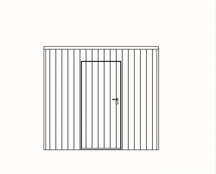 Box in iroko 250 x 300 cm met enkele deur en verticale beplanking