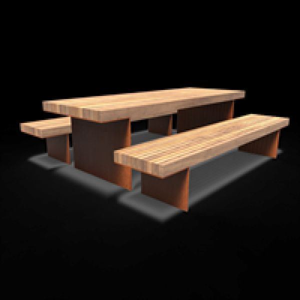 Set bestaande uit 1 tafel en 2 banken - Cortenstaal + tropisch hardhout