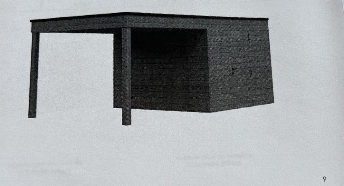 Cubic met enkele deur en luifel 300 x 312 cm + 150 cm - Iroko